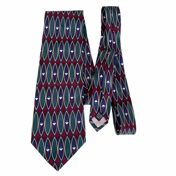 Vintage Albert Nipon Geo Mod Burgundy Silk Tie - Picture 1 of 3
